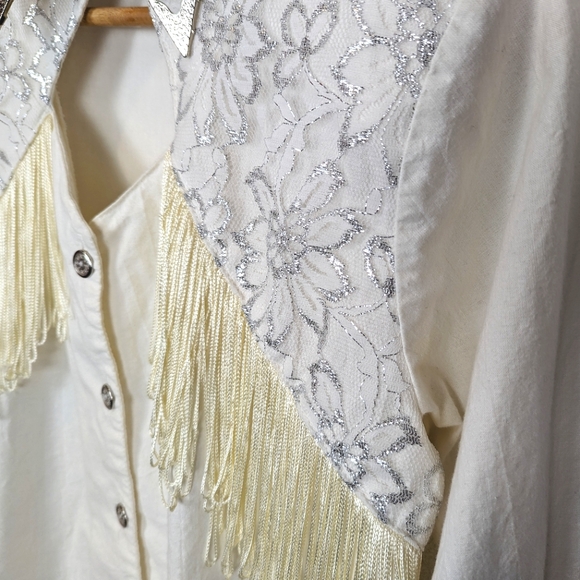 VINTAGE Lilia Smitty Western Cotton Button Up Ivory EUC Fringe Silver Cowgirl - Picture 3 of 14